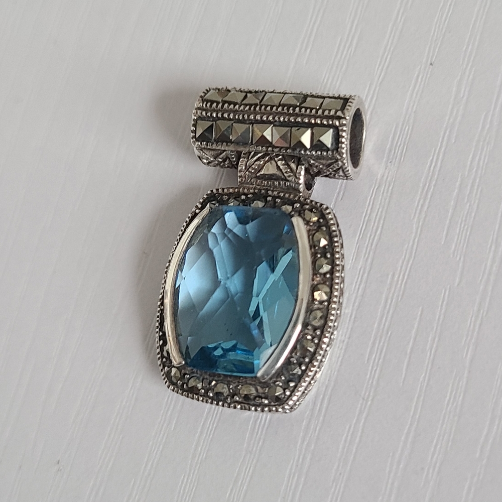 Vintage Art Deco Boho Aqua Blue Brilliant Cut Marcasite Crystal Slider Pendant